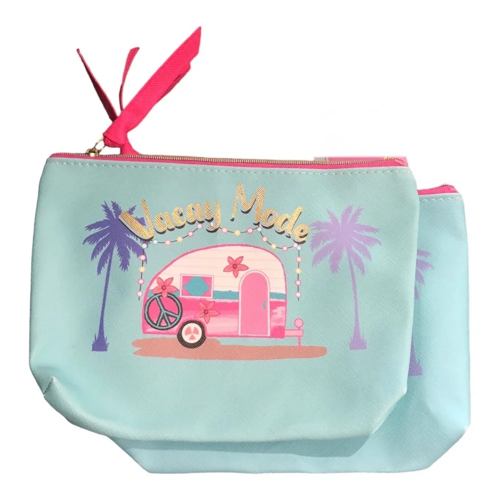 2pack blue vacay mode makeup cosmetics bag pouch case‎ new FREE